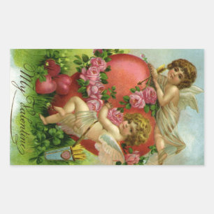Vintage Victorian Valentines Day Angels Heart Rose Rectangular Sticker