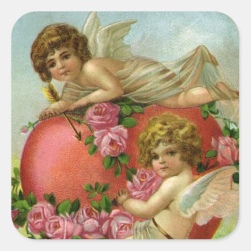 Vintage Victorian Valentines Day Angels Heart Rose Square Sticker