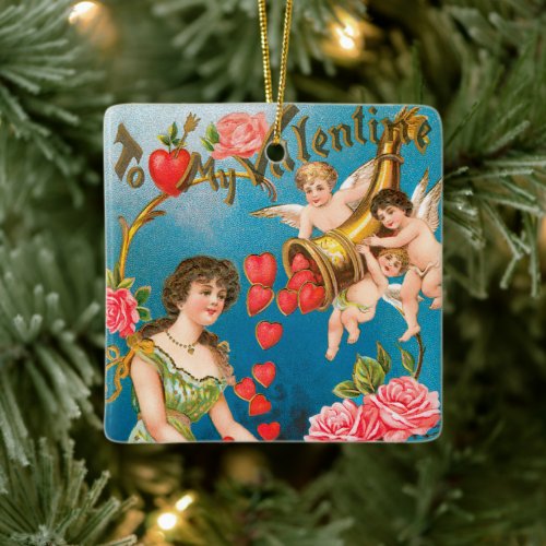 Vintage Victorian Valentines Day Angels  Hearts Ceramic Ornament