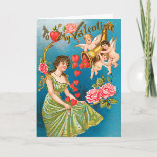 Vintage Victorian Valentine's Day Angels & Hearts Holiday Card