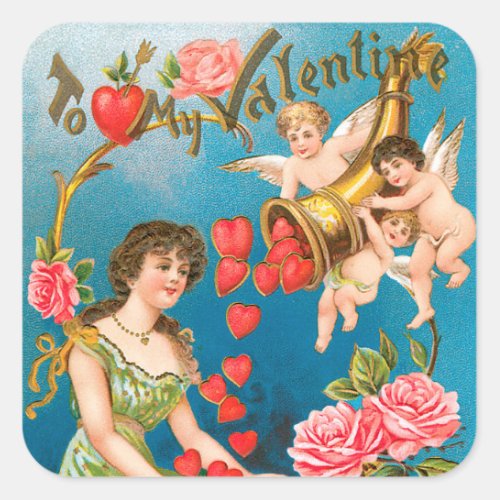 Vintage Victorian Valentines Day Angels  Hearts Square Sticker