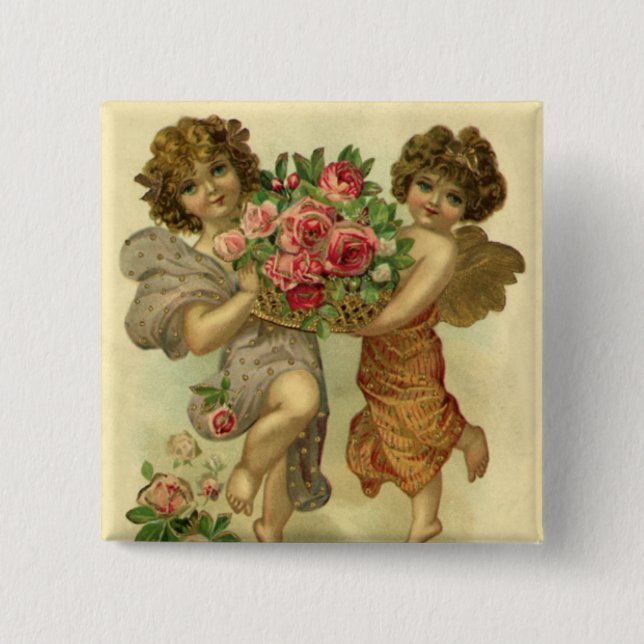 Vintage Victorian Valentine's Day, Angels Roses Button (Front)