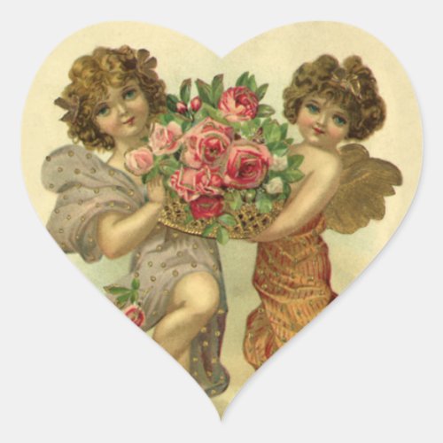 Vintage Victorian Valentines Day Angels Roses Heart Sticker