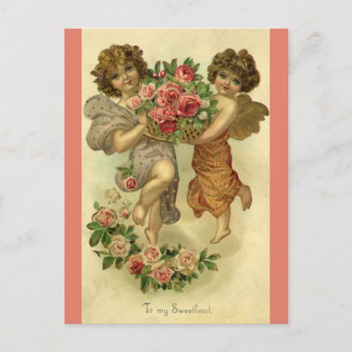 Vintage Victorian Valentines Day Angels Roses Holiday Postcard