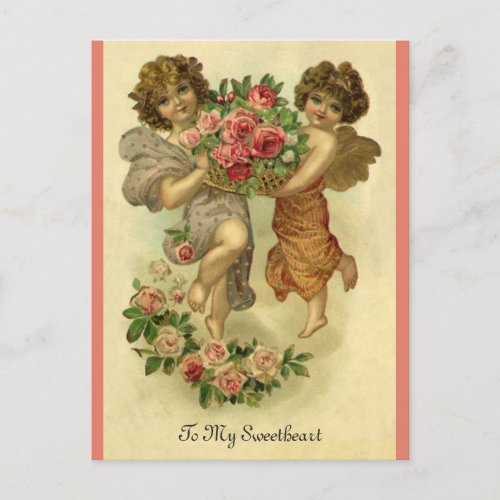 Vintage Victorian Valentines Day Angels Roses Holiday Postcard