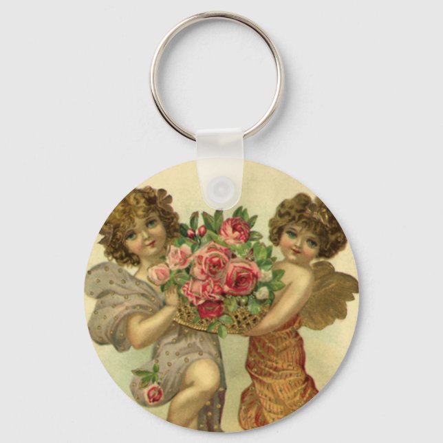 Vintage Victorian Valentine's Day, Angels Roses Keychain (Front)