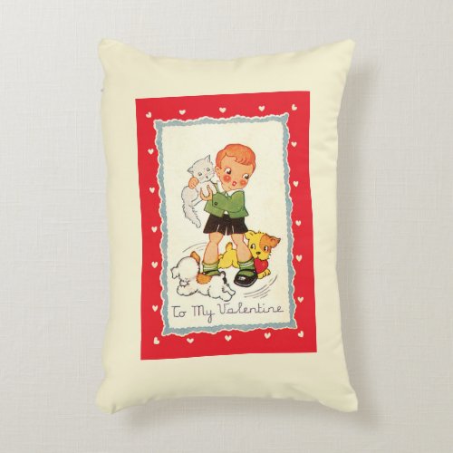 Vintage Victorian Valentines Day Boy Cat and Dogs Accent Pillow