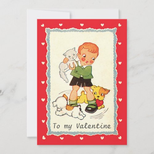 Vintage Victorian Valentines Day Boy Cat and Dogs Holiday Card