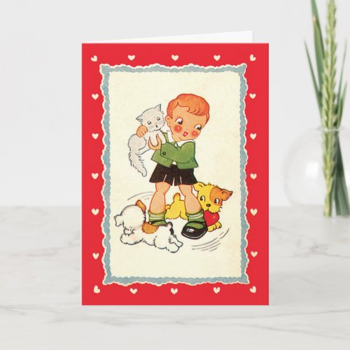 Vintage Victorian Valentines Day Boy Cat and Dogs Holiday Card