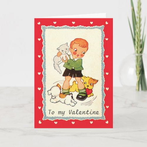 Vintage Victorian Valentines Day Boy Cat and Dogs Holiday Card