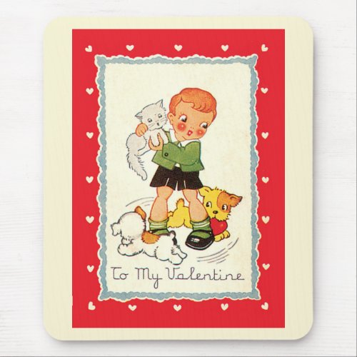 Vintage Victorian Valentines Day Boy Cat and Dogs Mouse Pad