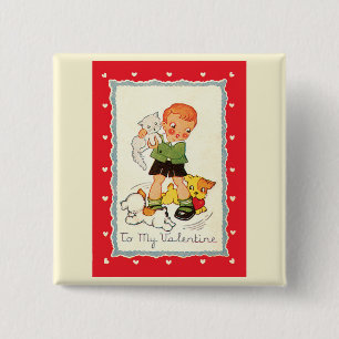 Vintage Victorian Valentines Day Boy, Cat and Dogs Pinback Button