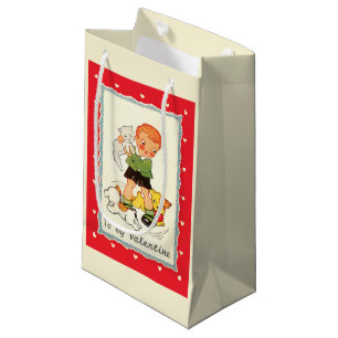 Vintage Victorian Valentines Day Boy, Cat and Dogs Small Gift Bag