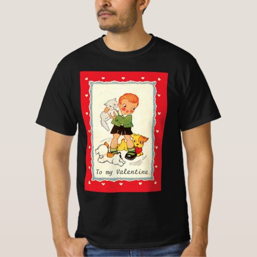 Vintage Victorian Valentines Day Boy Cat and Dogs T_Shirt