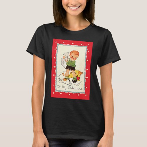 Vintage Victorian Valentines Day Boy Cat and Dogs T_Shirt