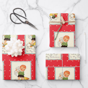 Vintage Victorian Valentines Day Boy, Cat and Dogs Wrapping Paper Sheets