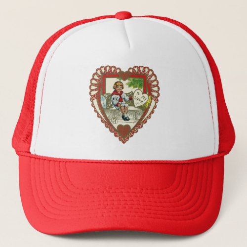 Vintage Victorian Valentines Day Boy in Heart Trucker Hat