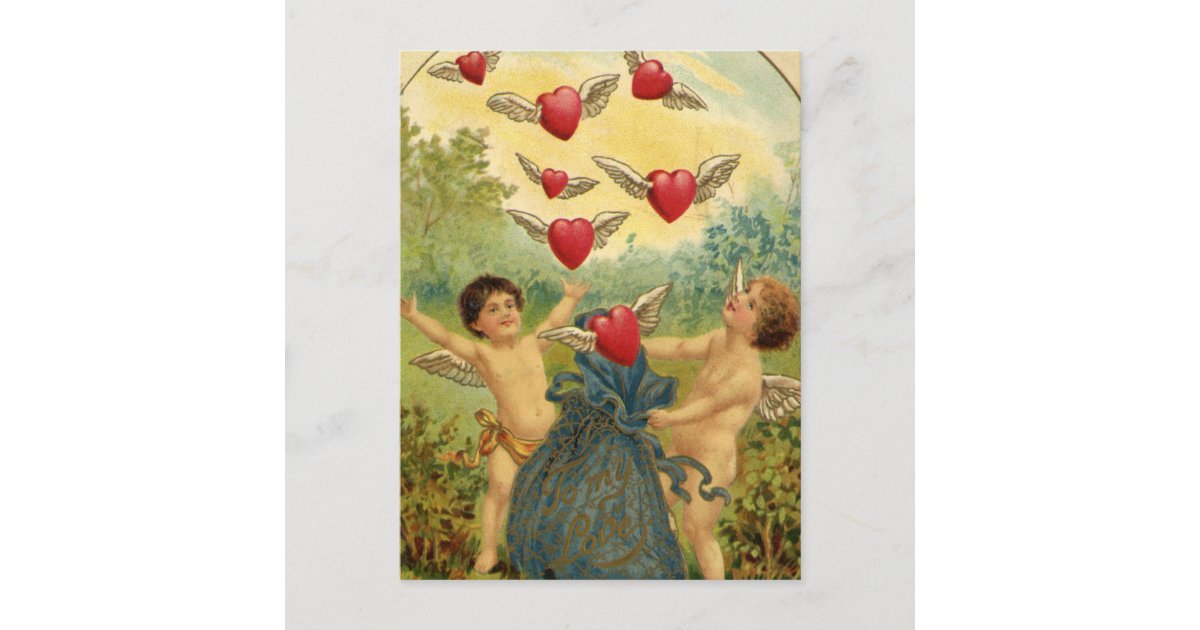 Vintage Valentine's Day Card With Girl Handing Boy a Card Mechanical  Greeting Cards Hearts Cupid Love Holiday Decor Ephemera 