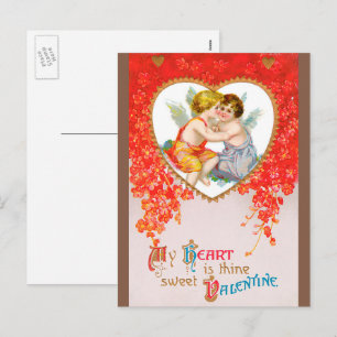 Vintage Victorian Valentines Day, Cherubs in Heart Holiday Postcard