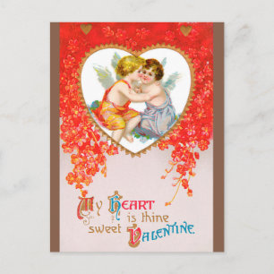Vintage Victorian Valentines Day, Cherubs in Heart Holiday Postcard