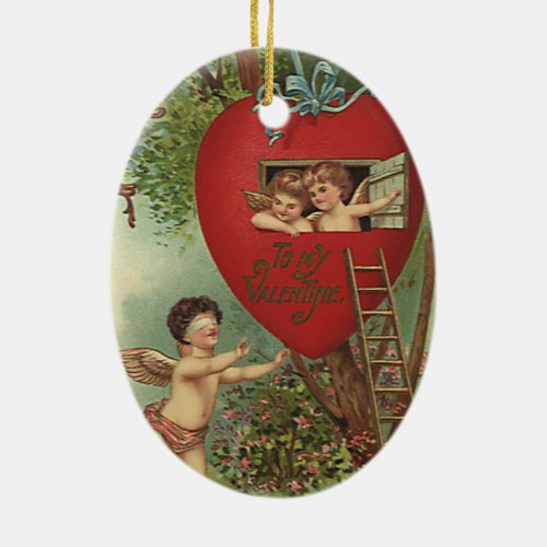 Vintage Victorian Valentines Day Cherubs Treehouse Ceramic Ornament