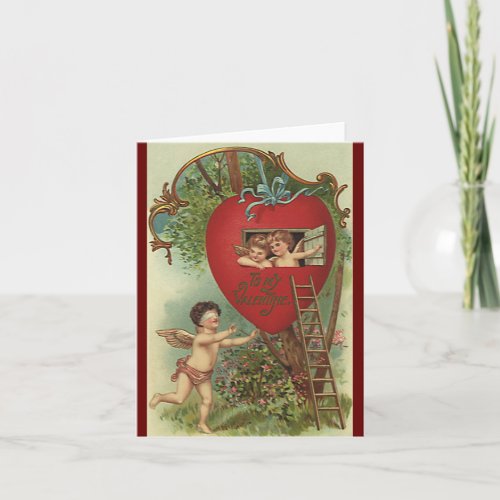 Vintage Victorian Valentines Day Cherubs Treehouse Holiday Card