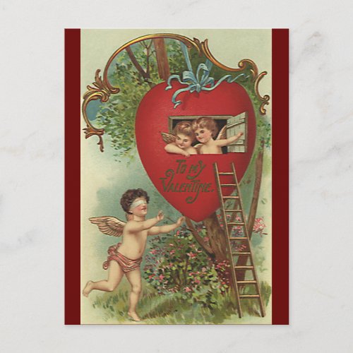 Vintage Victorian Valentines Day Cherubs Treehouse Holiday Postcard