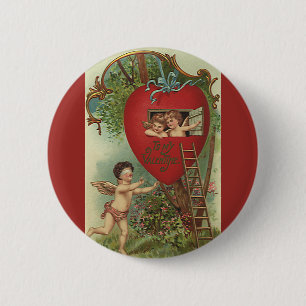 Vintage Victorian Valentines Day Cherubs Treehouse Pinback Button