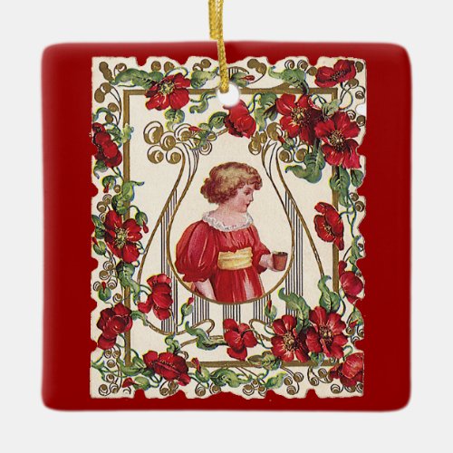 Vintage Victorian Valentines Day Child with Roses Ceramic Ornament