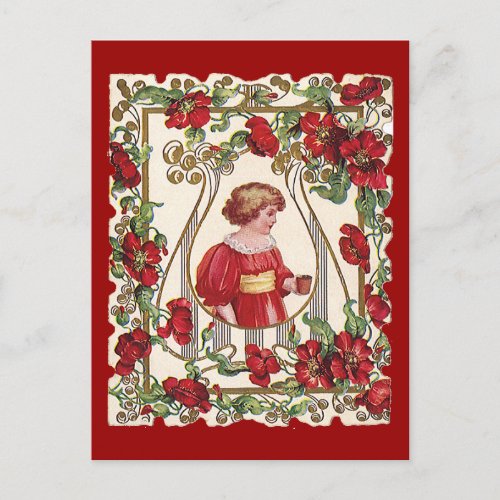 Vintage Victorian Valentines Day Child with Roses Holiday Postcard