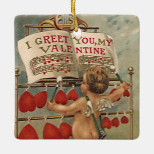 Vintage Victorian Valentines Day, Cupid and Hearts Ceramic Ornament