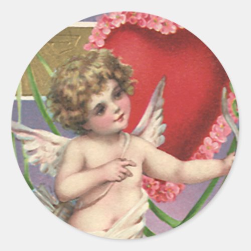 Vintage Victorian Valentines Day Cupid with Heart Classic Round Sticker