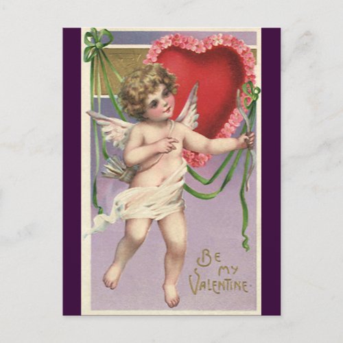 Vintage Victorian Valentines Day Cupid with Heart Holiday Postcard