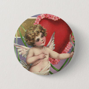 Vintage Victorian Valentine's Day Cupid with Heart Pinback Button