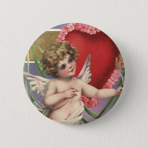 Vintage Victorian Valentines Day Cupid with Heart Pinback Button