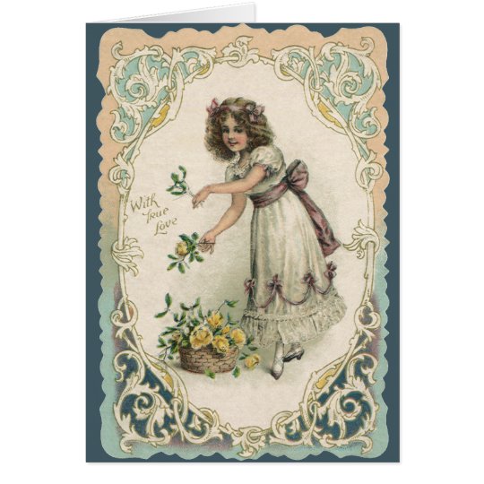 Vintage Victorian Valentine's Day, Girl with Roses Card ...