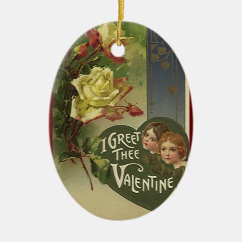 Vintage Victorian Valentines Day Girls and Roses Ceramic Ornament