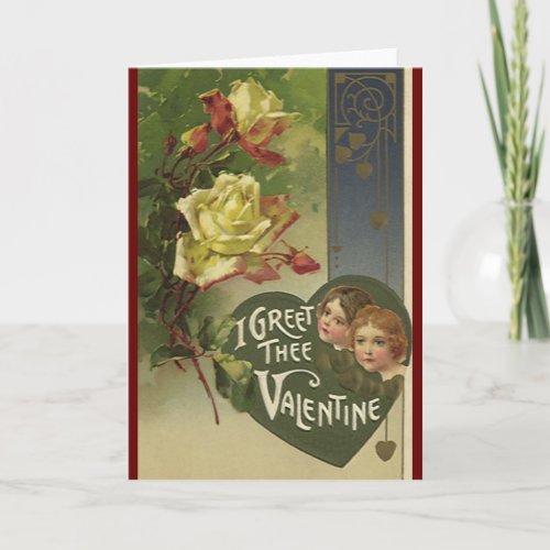 Vintage Victorian Valentines Day Girls and Roses Holiday Card