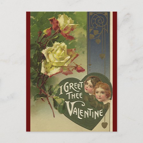 Vintage Victorian Valentines Day Girls and Roses Holiday Postcard