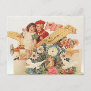 Vintage Victorian Valentines Day, Kids in Airplane Holiday Postcard