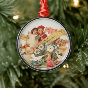 Vintage Victorian Valentines Day, Kids in Airplane Metal Ornament
