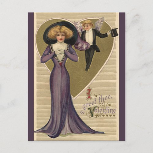 Vintage Victorian Valentines Day Lady in Purple Holiday Postcard