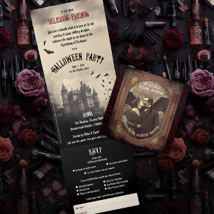 Vintage Victorian Vampire Kissing Adult Halloween Tri-Fold Invitation