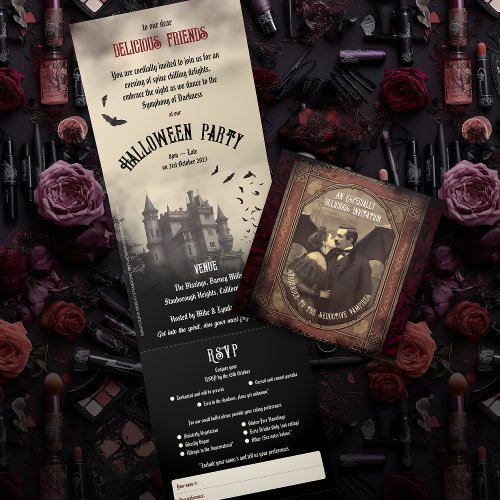 Vintage Victorian Vampire Kissing Adult Halloween Tri_Fold Invitation