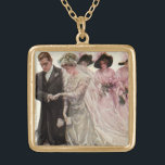 Vintage Victorian Wedding Ceremony Bride and Groom Gold Plated Necklace<br><div class="desc">Vintage illustration love and romance Victorian wedding ceremony image with the bride and groom getting married.  The newlyweds are kneeling on a pillow and the bridesmaids are wearing elegant fancy hats with feathers and holding bouquets of flowers. Artist: Harrison Fisher,  titled The Wedding.</div>