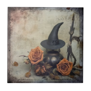 Vintage Victorian Witch Pumpkin Roses Ceramic Tile