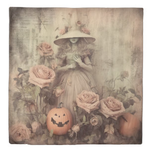 Vintage Victorian Witch Pumpkin Roses Duvet Cover