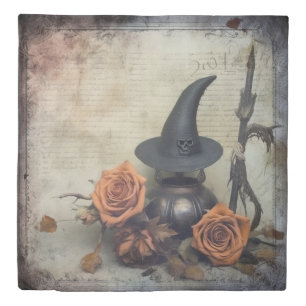 Vintage Victorian Witch Pumpkin Roses Duvet Cover