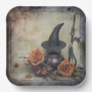 Vintage Victorian Witch Pumpkin Roses Paper Plates