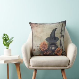 Vintage Victorian Witch Pumpkin Roses Throw Pillow